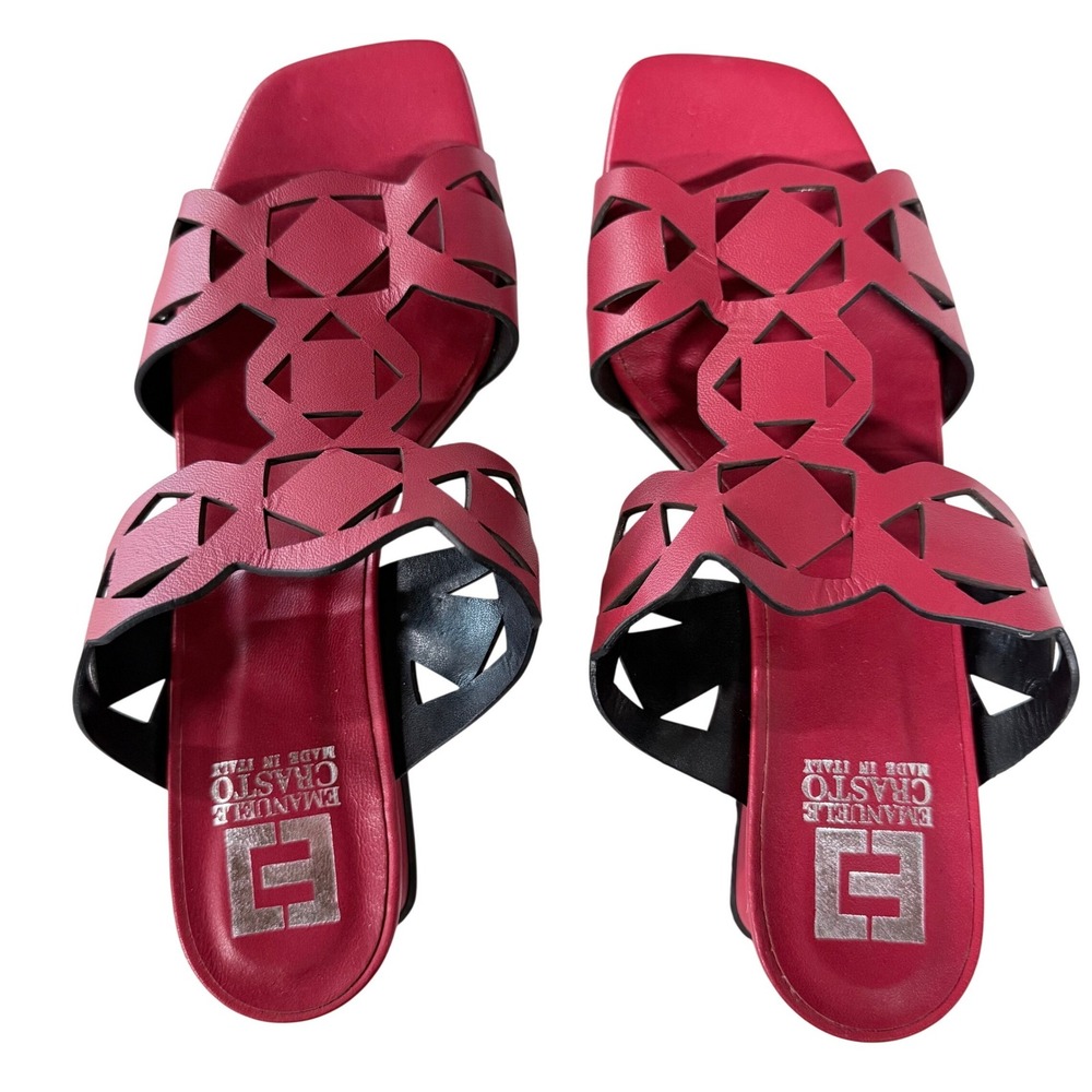 Emanuele Crasto Red Leather Geometric Cutout Slide Sandals Block Heel Italy 40